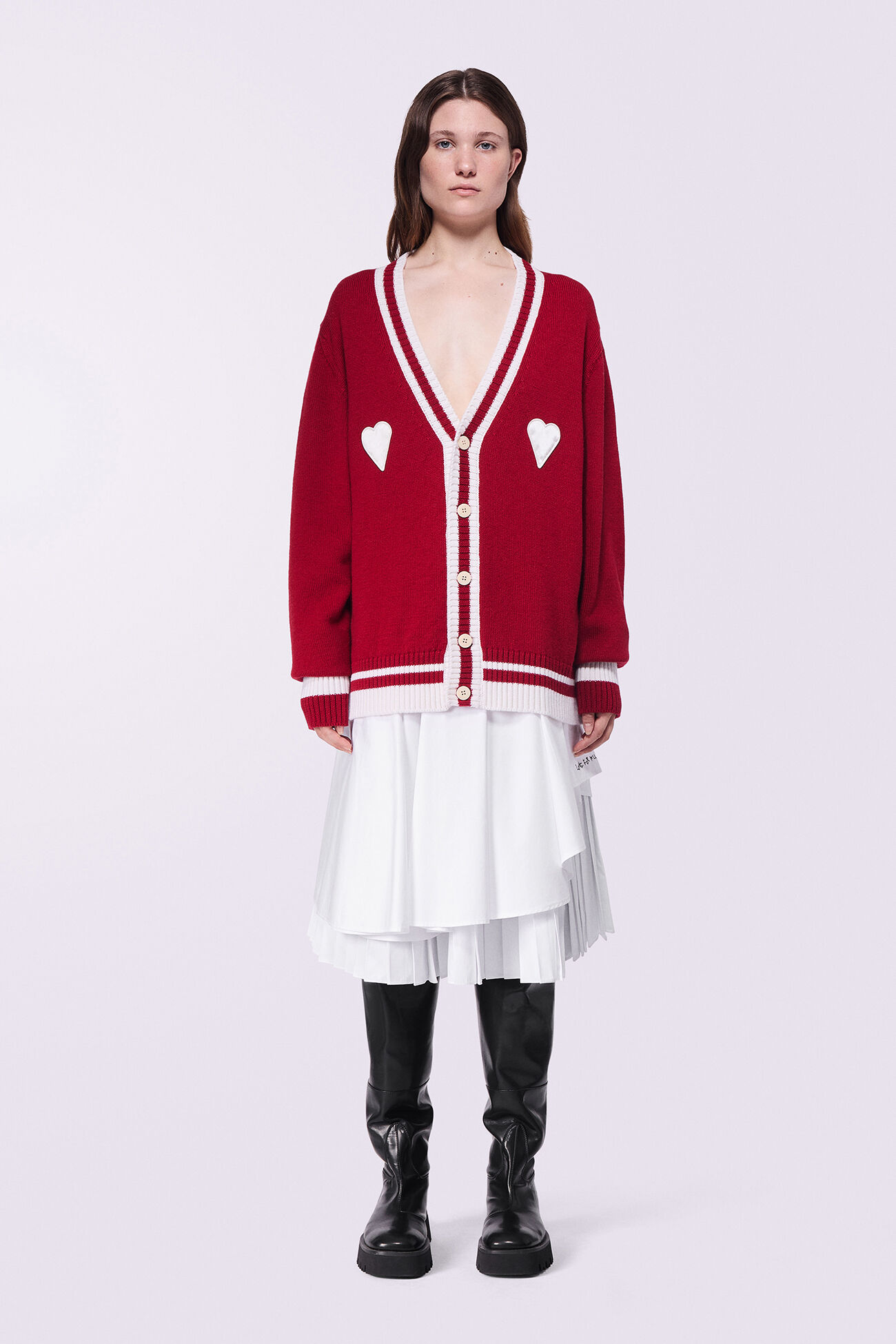 Unisex Heart Patch Knit Cardigan Red
